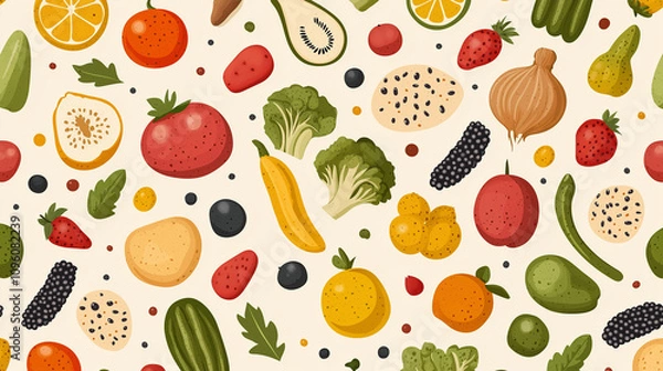 Fototapeta Vibrant Fruit and Vegetable Seamless Pattern: A cheerful and colorful seamless pattern featuring a variety of fresh fruits and vegetables, perfect for adding a touch of nature to your designs.  