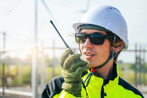Fototapeta An engineer wearing safety gear closely inspects the base of a wind turbine in a renewable energy field.