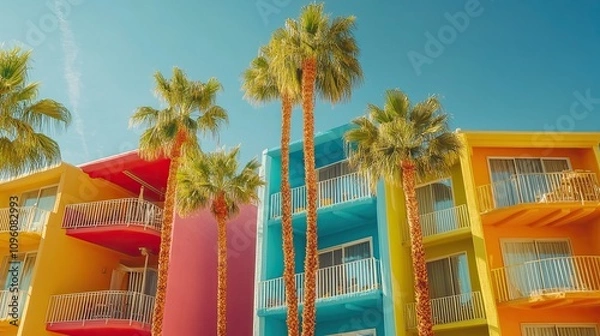 Fototapeta Saguaro hotel, palm trees and colorful buildings in Palm Springs, 