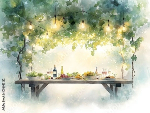 Fototapeta Vineyard Feast, enchanting dinner under twinkling lights, long table adorned with pasta and salads, surrounded by lush grapevines, watercolor elegance