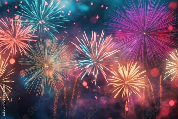 Fototapeta A spectacular display of colorful fireworks bursts against a dark night sky.