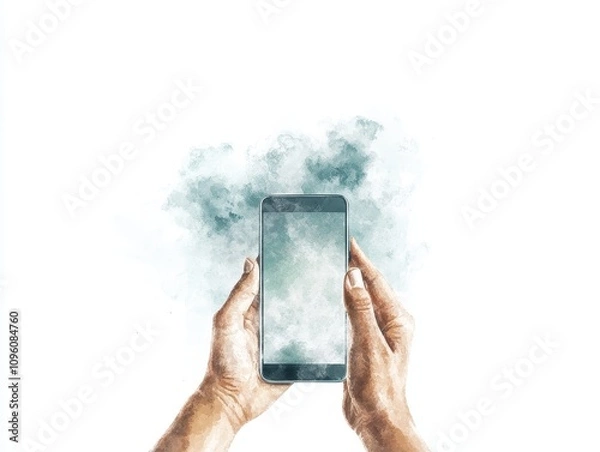 Fototapeta Transparent smartphone with digital wallet app, hands gently holding device, pastel watercolor shades create a soft, inviting atmosphere