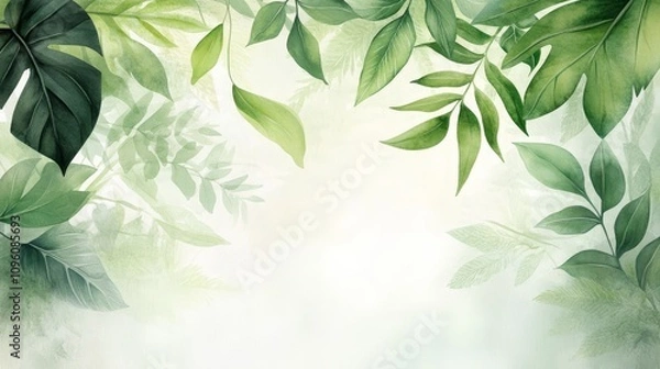 Fototapeta Vibrant Tropical Rainforest, lush green leaves illuminated by sunlight, evoking the essence of a serene rainforest in watercolor style