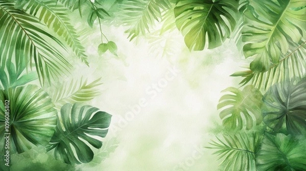 Fototapeta Vibrant Tropical Leaves, Lush greens illuminated by sunlight, embodying the essence of a rainforest in a captivating watercolor style