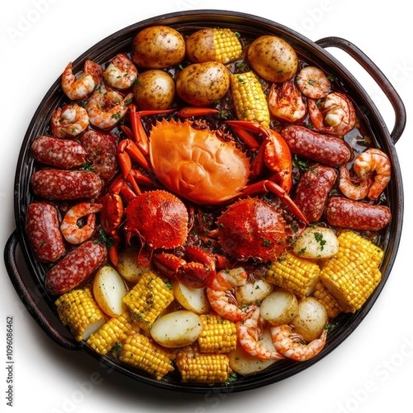 Fototapeta A seafood feast featuring shrimp, crab, sausage, potatoes, and corn in a large serving platter.