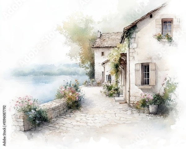 Fototapeta Charming lakeside village with stone cottages, cobblestone streets, vibrant flowers, evoking rustic European allure in watercolor style