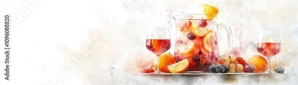 Fototapeta Sangria Delight with Fruit Medley, Vibrant Red Wine Infusion, Rustic Table Setting, Watercolor Glasses Awaiting Refreshment