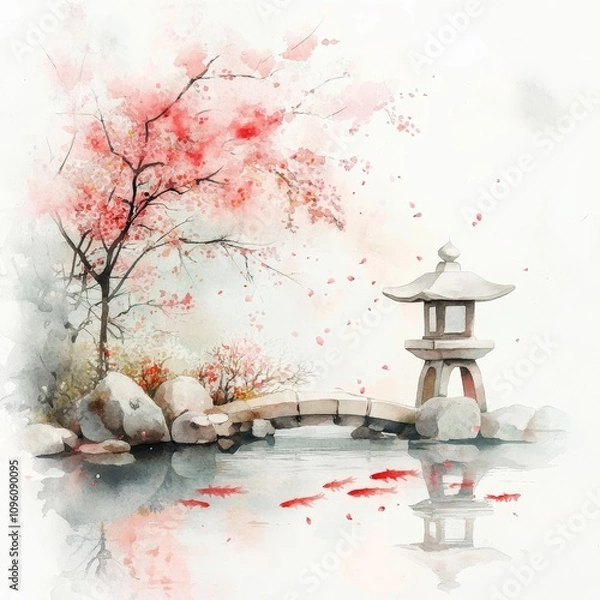 Fototapeta Serene Japanese spring garden, cherry blossoms cascading, koi pond reflecting petals, traditional lantern, vibrant watercolor ambiance