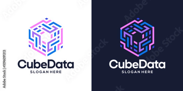 Fototapeta Data storage design logo. Hexagon box logo with abstract technology data digital symbol design vector icon