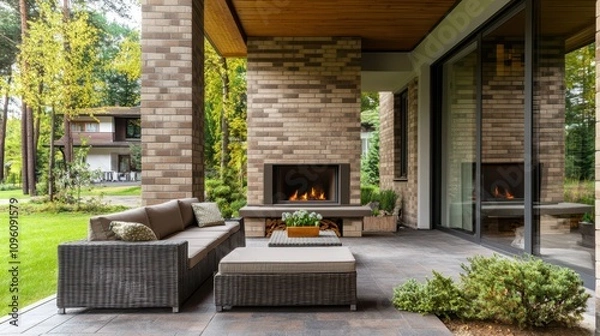 Fototapeta A minimalist patio design featuring a soft red basket weave pattern in bricks, offering a simple yet refined outdoor space.