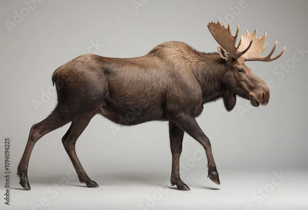 Fototapeta  standard Moose right side view. Full figure visible, flat white background, no shadows, head and legs visible, ultra detailed, photorealistic 400mm lens, low angle 