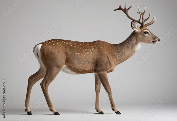 Fototapeta  standard Deer right side view. Full figure visible, flat white background, no shadows, head and legs visible, ultra detailed, photorealistic 400mm lens, low angle 