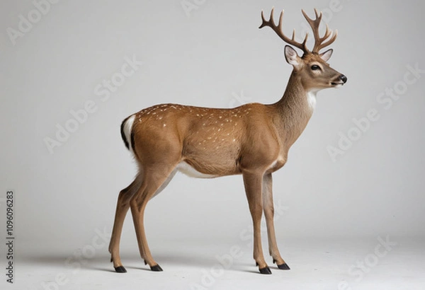 Fototapeta  standard Deer right side view. Full figure visible, flat white background, no shadows, head and legs visible, ultra detailed, photorealistic 400mm lens, low angle 