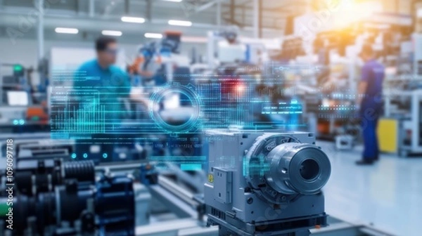 Fototapeta A modern manufacturing facility featuring advanced machinery and digital technology, with workers engaged in production processes.