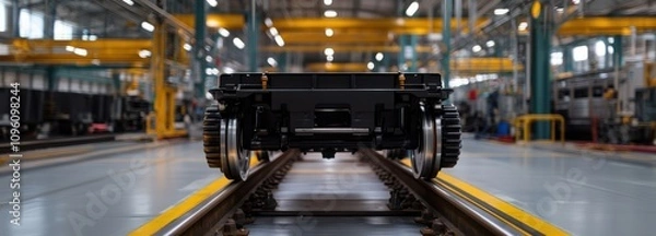 Fototapeta A close-up view of a train car's wheels on rails within a spacious industrial facility featuring overhead cranes and bright lighting.