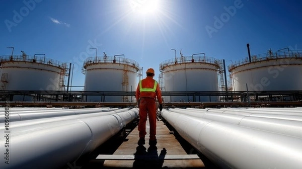 Fototapeta A worker in safety gear stands before large storage tanks and pipelines under a bright sun, showcasing an industrial oil facility.