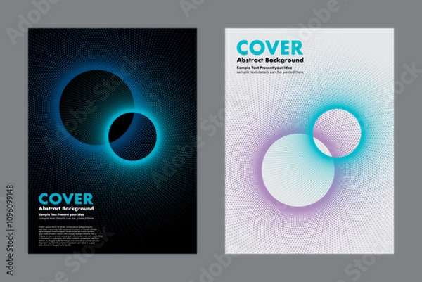 Obraz Abstract geometric vector with halftone dots patterns forming a circular shape on dark and clean background. Two overlapping circles give a sense of space. For cover, digital and print media.