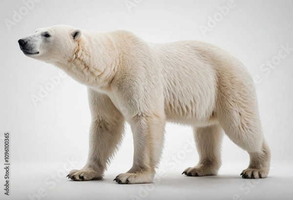 Fototapeta  standard Polar Bear right side view. Full figure visible, flat white background, no shadows, head and legs visible, ultra detailed, photorealistic 400mm lens, low angle 