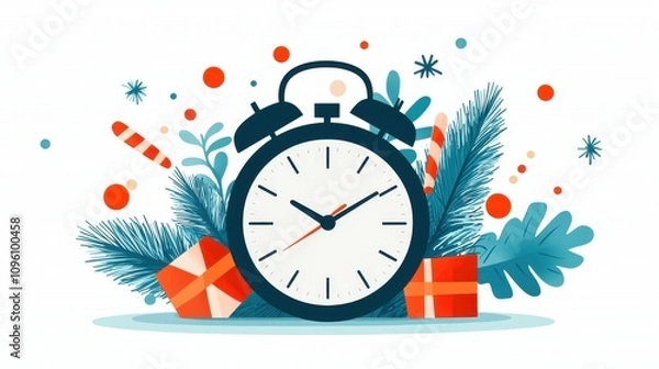 Fototapeta Flat Design Countdown Clock Surrounded by Festive Elements and Holiday Decorations