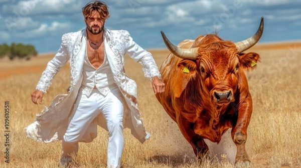 Fototapeta Man in white suit running alongside a charging bull in a vast grassland during a sunny day