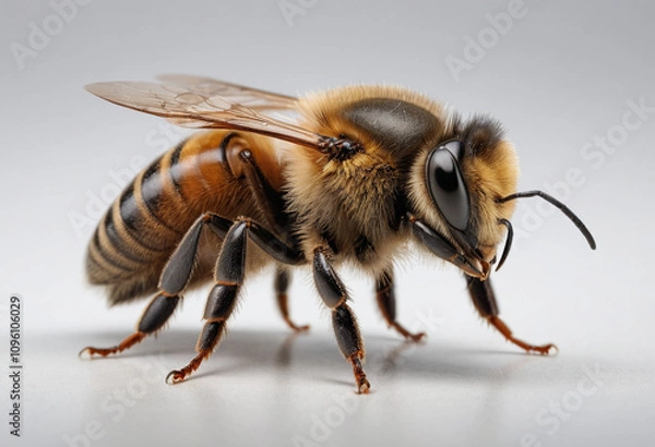 Fototapeta  standard Bee right side view. Full figure visible, flat white background, no shadows, head and legs visible, ultra detailed, photorealistic 400mm lens, low angle 