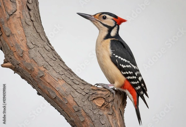 Fototapeta  standard Woodpecker right side view. Full figure visible, flat white background, no shadows, head and legs visible, ultra detailed, photorealistic 400mm lens, low angle 