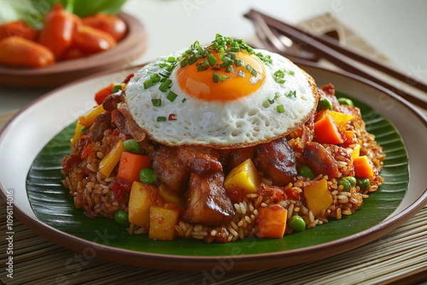 Fototapeta Bol Renversé on Banana Leaf with Fried Egg and Stir-Fried Vegetables - Mauritian Culinary Delight