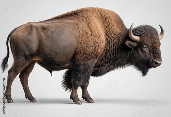 Fototapeta  standard Buffalo right side view. Full figure visible, flat white background, no shadows, head and legs visible, ultra detailed, photorealistic 400mm lens, low angle 