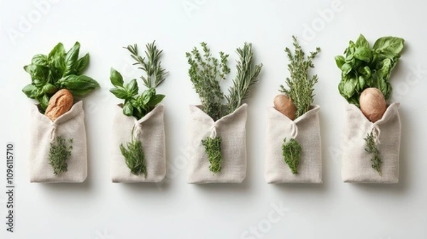 Fototapeta Fresh herbs neatly packaged in cloth bags for culinary use.