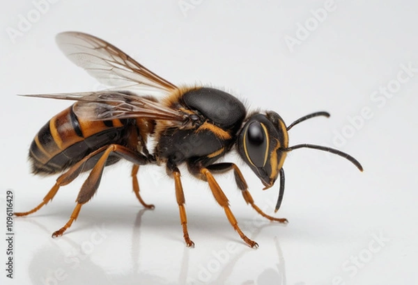 Fototapeta  standard Greater Banded Hornet right side view. Full figure visible, flat white background, no shadows, head and legs visible, ultra detailed, photorealistic 400mm lens, low angle 