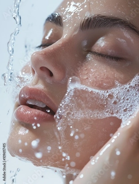 Obraz Close-up of a person washing their face, water droplets sparkling in soft light, serene expression, white background