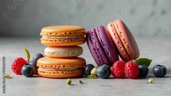 Obraz Vibrant macarons surrounded by fresh fruits like raspberries and blueberries, complemented by orange blossoms and vanilla orchids. set against a minimalist background that highlights the colors 