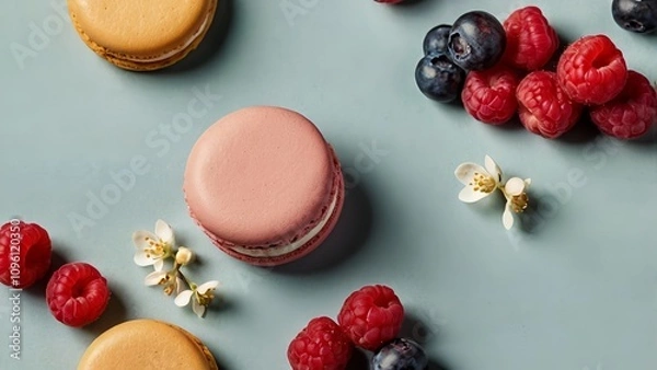 Obraz Vibrant macarons surrounded by fresh fruits like raspberries and blueberries, complemented by orange blossoms and vanilla orchids. set against a minimalist background that highlights the colors 