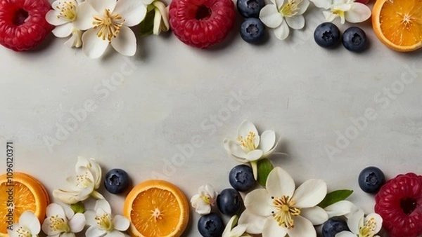 Fototapeta An artistic composition of fresh fruits such as raspberries, blueberries, oranges, and apples, adorned with orange blossoms and apple blossoms. The bright and minimalist arrangement
