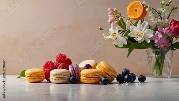 Obraz Vibrant macarons surrounded by fresh fruits like raspberries and blueberries, complemented by orange blossoms and vanilla orchids. set against a minimalist background that highlights the colors 
