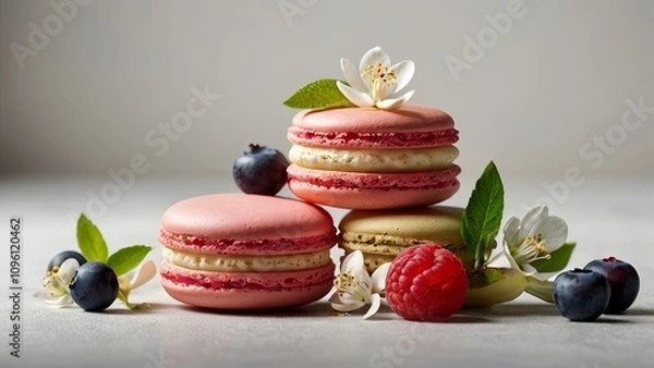 Obraz Vibrant macarons surrounded by fresh fruits like raspberries and blueberries, complemented by orange blossoms and vanilla orchids. set against a minimalist background that highlights the colors 