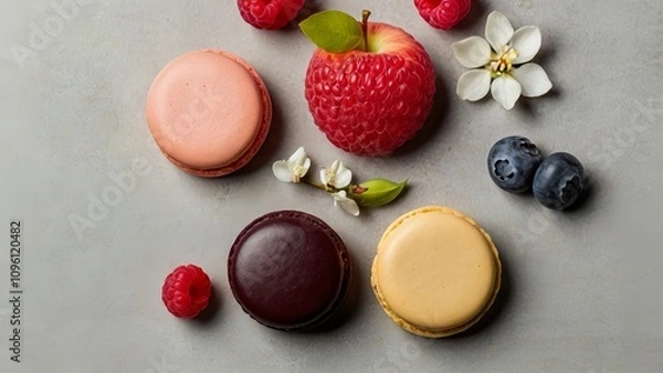 Fototapeta Vibrant macarons surrounded by fresh fruits like raspberries and blueberries, complemented by orange blossoms and vanilla orchids. set against a minimalist background that highlights the colors