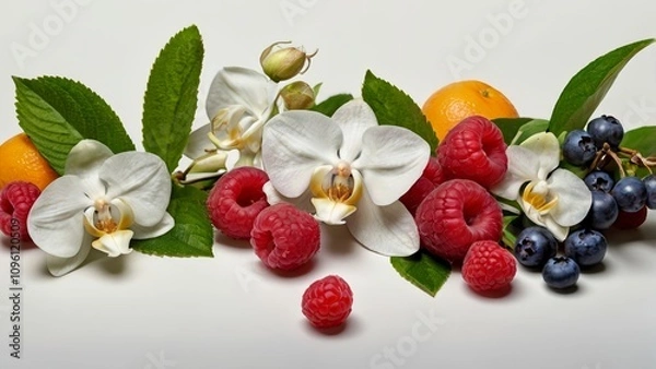 Fototapeta An artistic composition of fresh fruits such as raspberries, blueberries, oranges, and apples, adorned with orange blossoms and apple blossoms. The bright and minimalist arrangement
