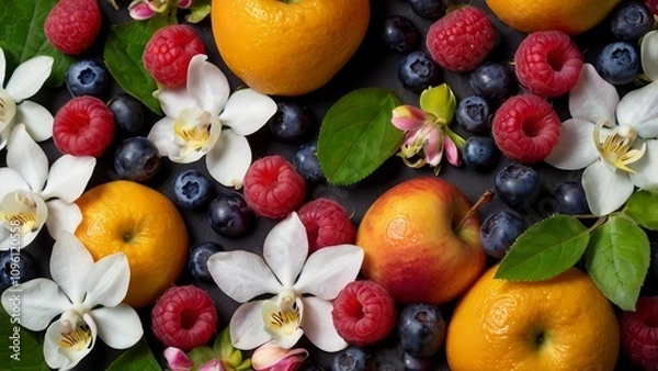 Fototapeta An artistic composition of fresh fruits such as raspberries, blueberries, oranges, and apples, adorned with orange blossoms and apple blossoms. The bright and minimalist arrangement