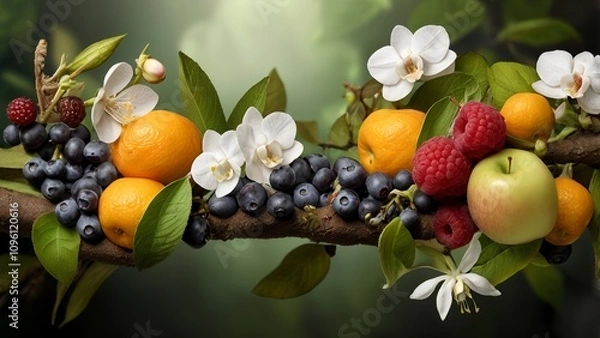 Fototapeta An artistic composition of fresh fruits such as raspberries, blueberries, oranges, and apples, adorned with orange blossoms and apple blossoms. The bright and minimalist arrangement