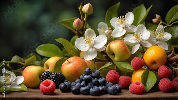 Fototapeta An artistic composition of fresh fruits such as raspberries, blueberries, oranges, and apples, adorned with orange blossoms and apple blossoms. The bright and minimalist arrangement