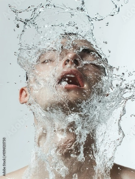 Fototapeta Dynamic capture of water being splashed over face, high-energy scene, crisp studio lighting, white minimalist background