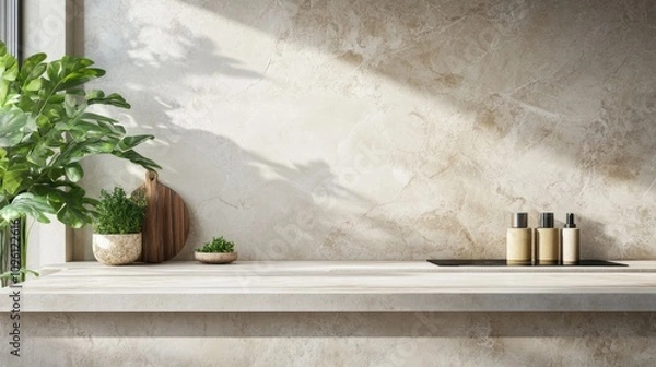Fototapeta Minimalist Kitchen Countertop with Plants and Sunlight