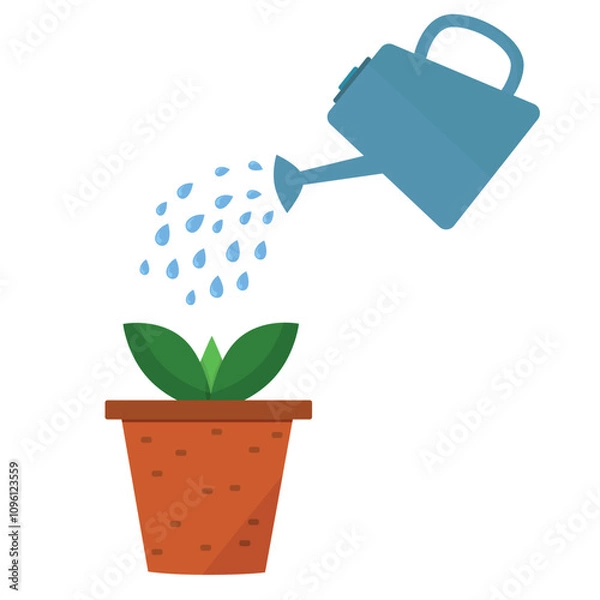 Obraz a watering can waters a young plant in a clay pot