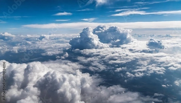 Fototapeta A stunning aerial view of a serene blue sky adorned with soft, wispy clouds, evoking a sense of peace and wonder in a breathtaking artistic representation captured from above.