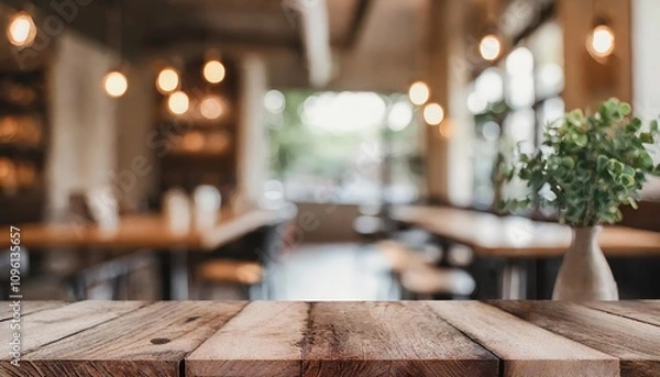 Fototapeta Elegant blurred coffee shop and restaurant interior with a focus on an empty wooden table, perfect for showcasing products or designs in a modern, inviting, and stylish setting.
