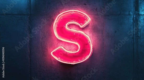 Fototapeta Illuminated neon letter S glowing vibrantly in pink against a dark textured wall, creating a striking contrast and bold visual impact.