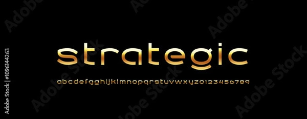 Fototapeta Tech digital golden font, cyber alphabet made future style, letters A, B, C, D, E, F, G, H, I, J, K, L, M, N, O, P, Q, R, S, T, U, V, W, X, Y, Z and numerals 0, 1, 2, 3, 4, 5, 6, 7, 8, 9.
