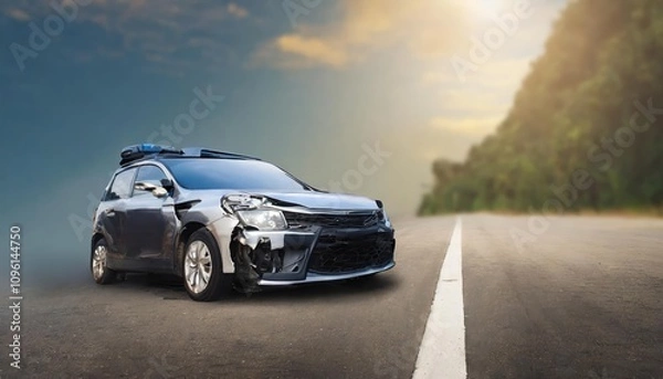 Fototapeta Car Accident Scene with Copy Space â€“ Road Traffic Collision Depicting a Car Crash Amidst Emergency Response, Highlighting the Aftermath of Road Accidents and Safety Precautions for Awareness
