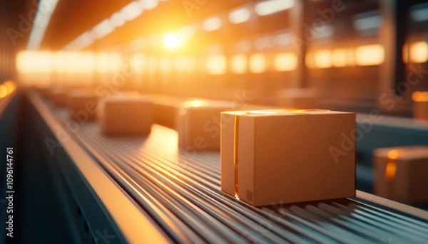 Fototapeta conveyor belt with finished goods moving in warehouse at sunset, showcasing industrial setting and warm lighting